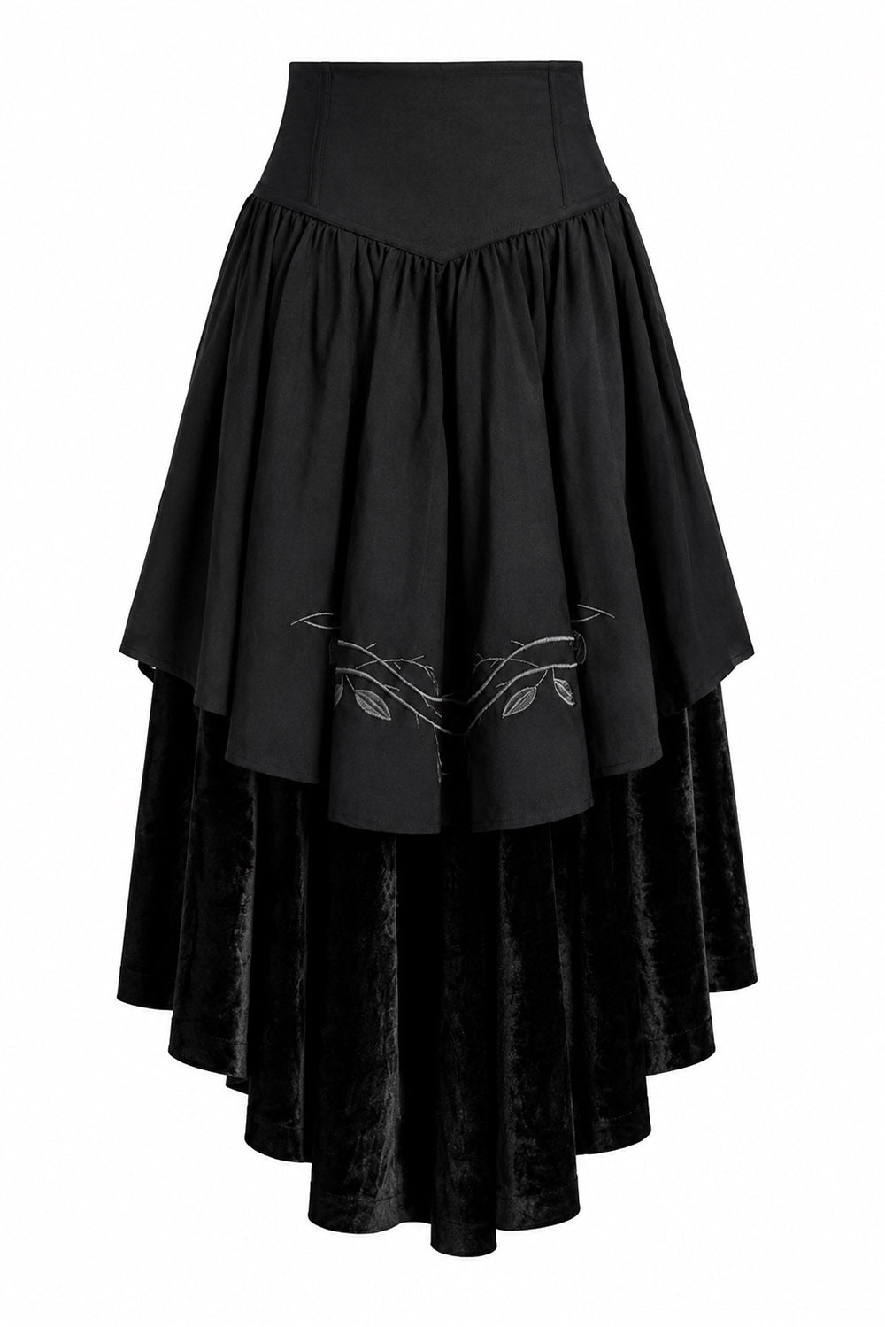 high waisted high rise romantic black embroidered corset high low hem skirt with grey thorn embroidery 
