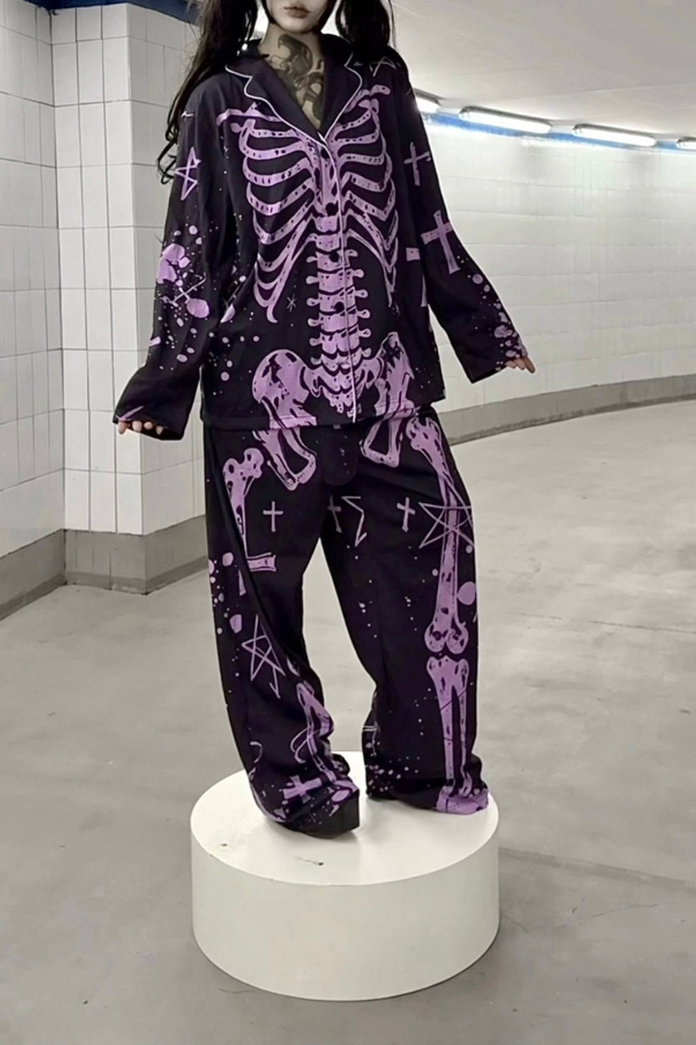 womens purple and black skeleton pajama set 