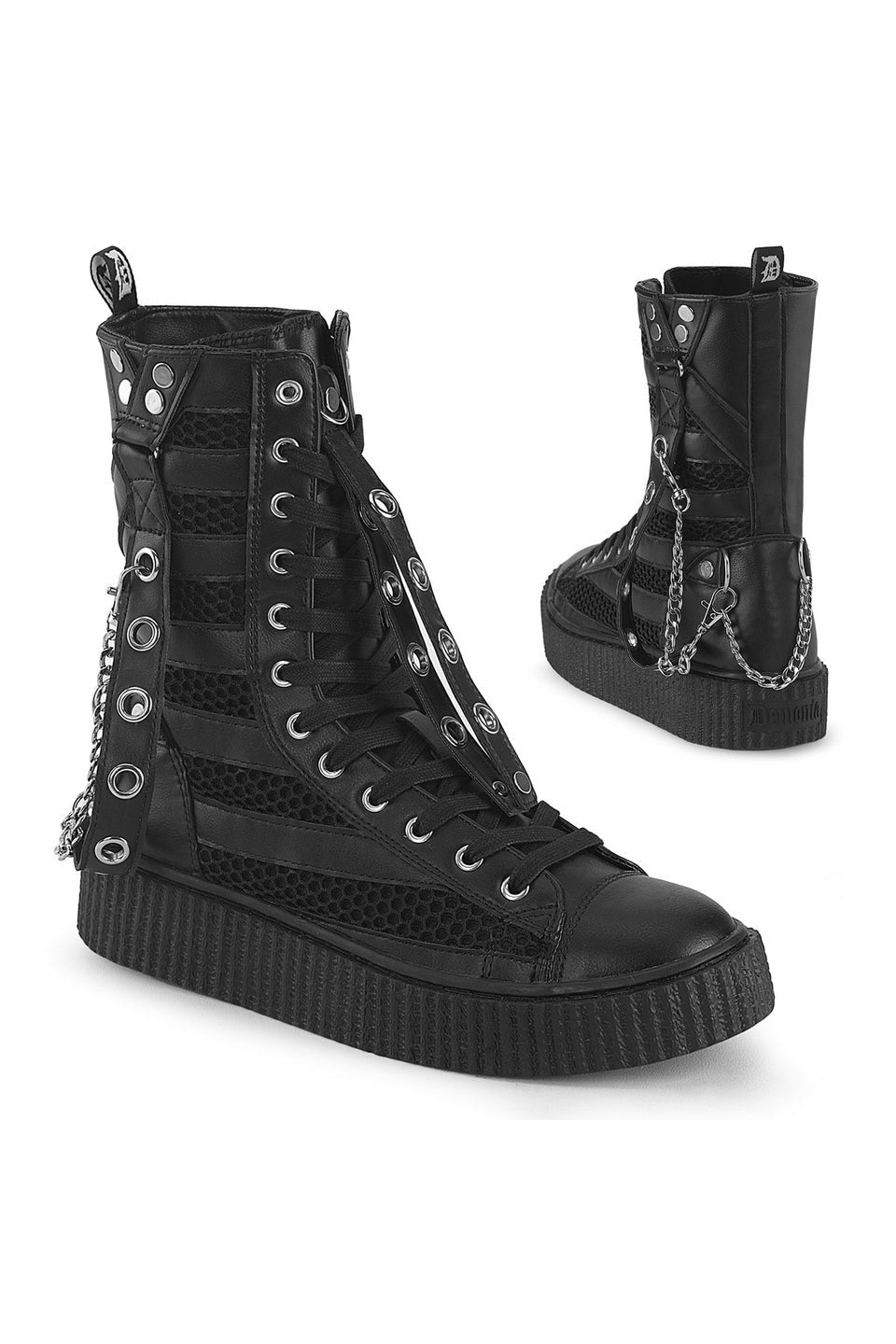 Black high-top lace-up boots with silver-tone metal eyelets, side chains, and platform soles, shown from the front and side on a white background.