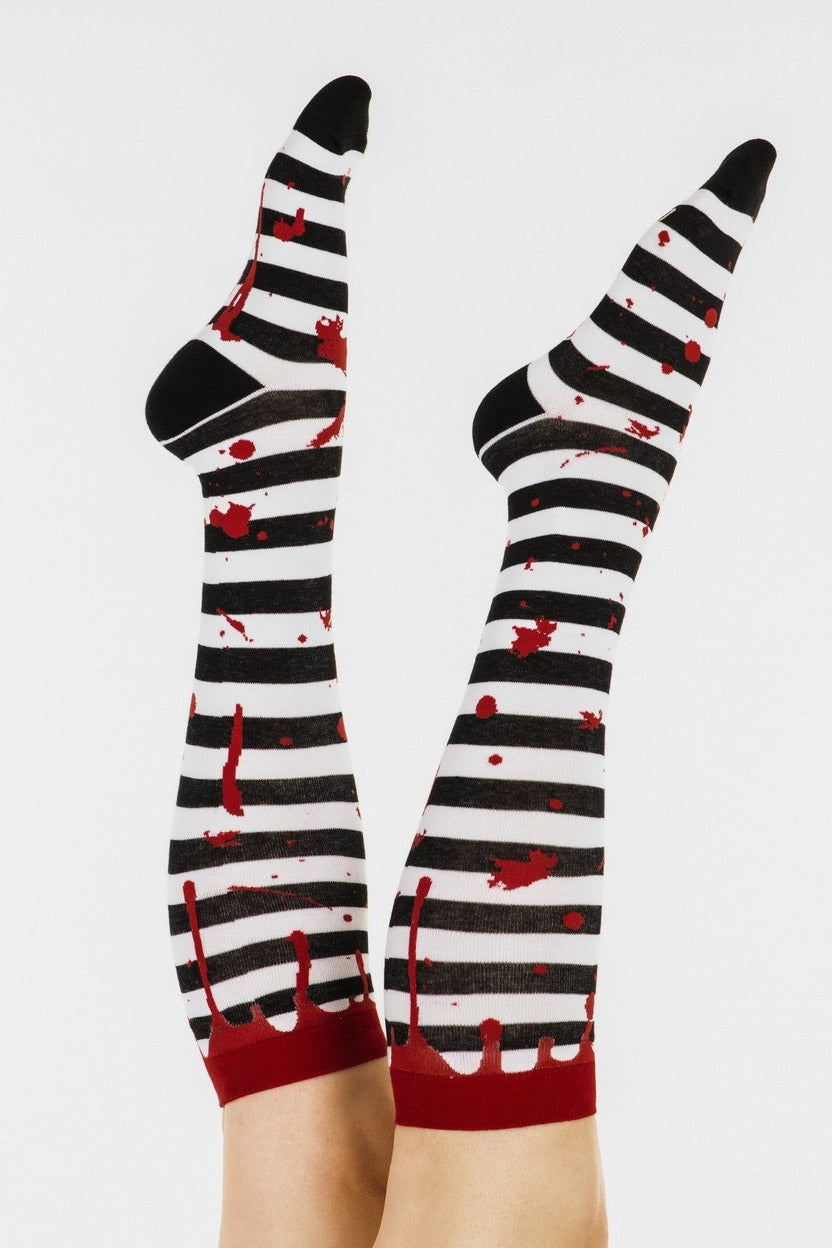 halloween black and white striped blood drip socks