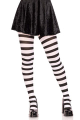 Black and white striped tights worn with a black skirt on a white background