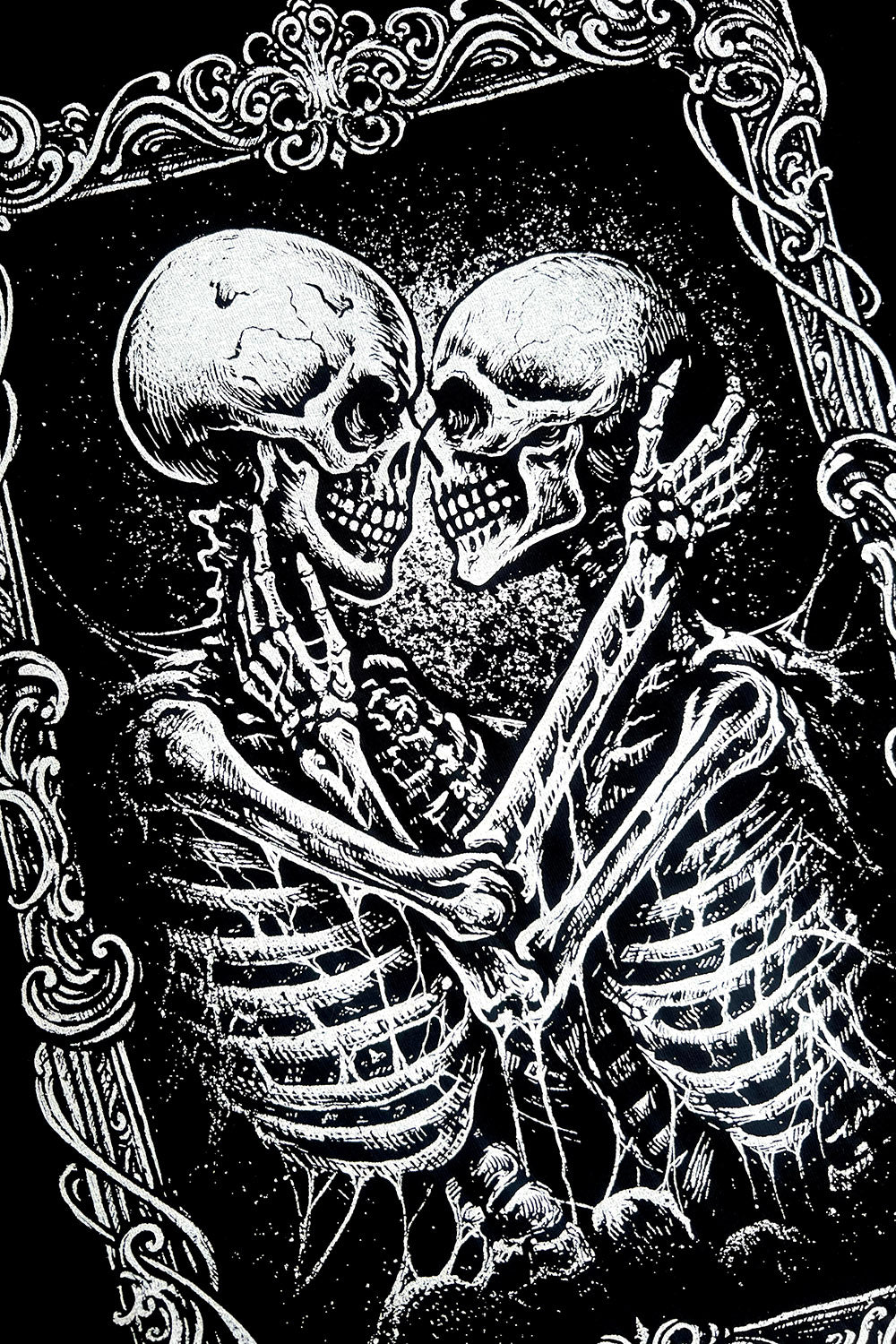 Two kissing skeletons in a decorative frame graphic hoodie 