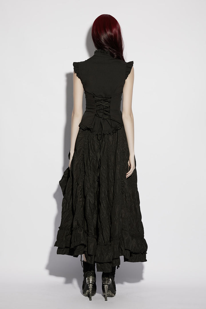 womens lace-up high collared victorian sleeveless top 