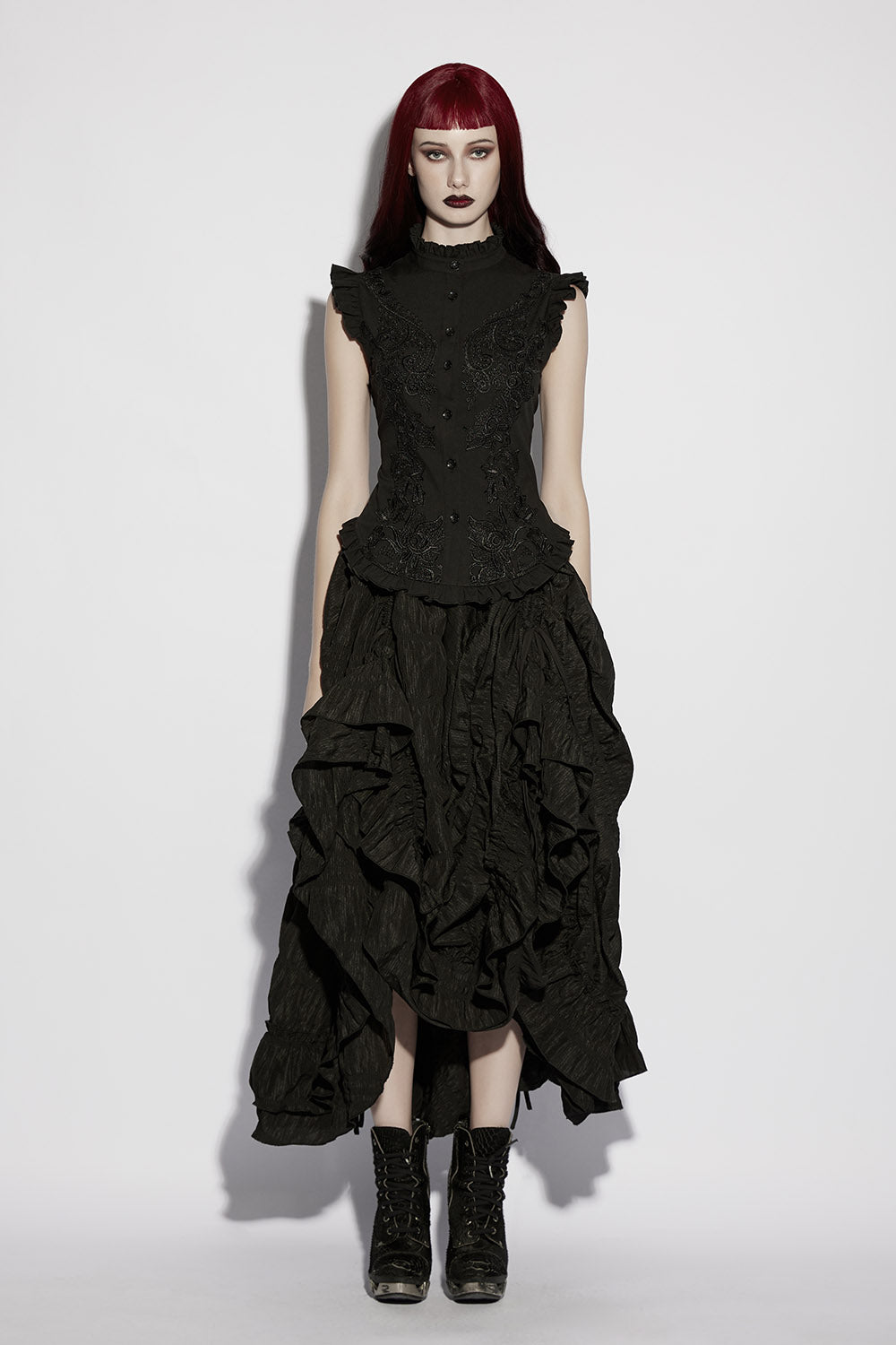 high collared victorian sleeveless top  with peplum hem