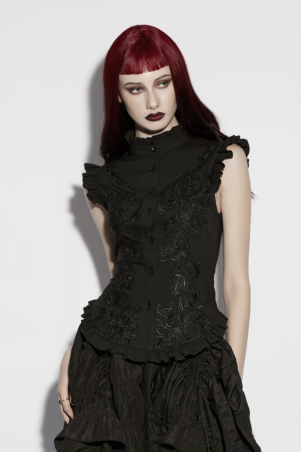 high collared victorian sleeveless top  blouse