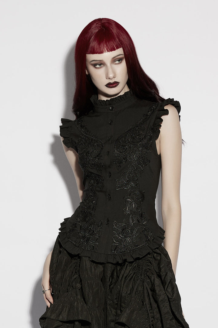 high collared victorian sleeveless top  blouse