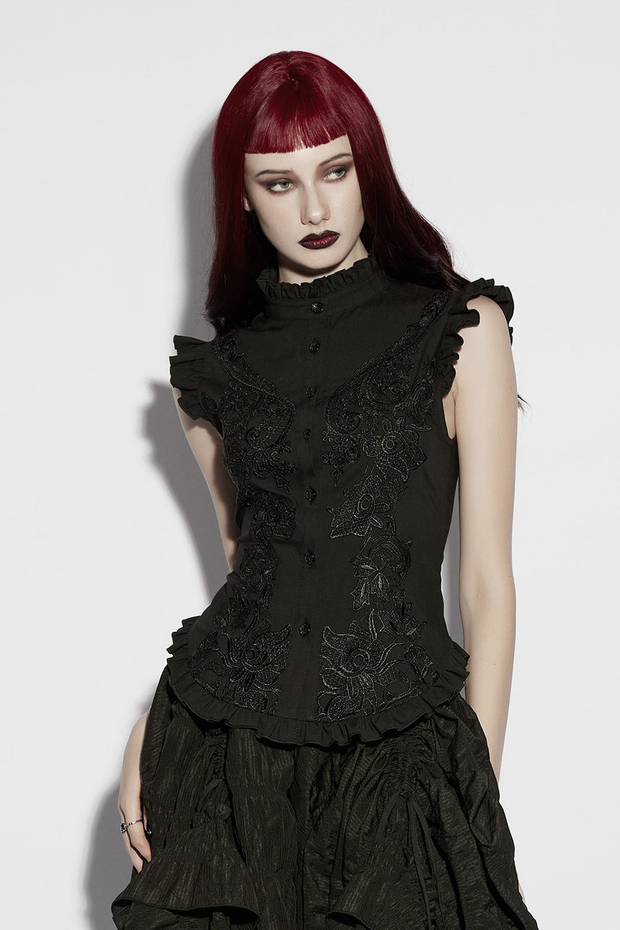 high collared victorian sleeveless top  blouse