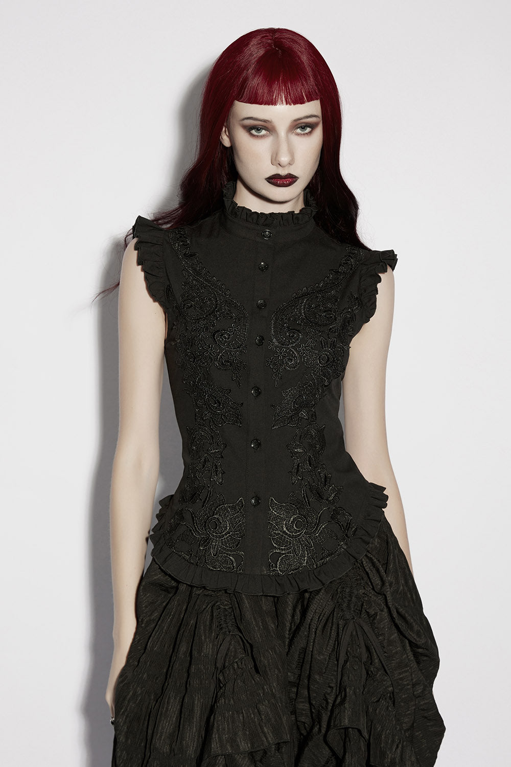 high collared victorian sleeveless top 