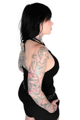 black halter top with back neck tie close