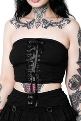 womens black lace-up crop top