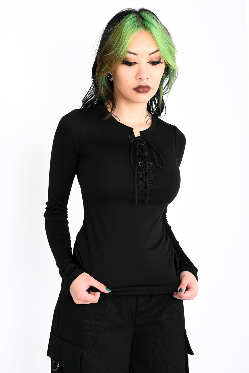 casual pirate goth lace up long sleeve top