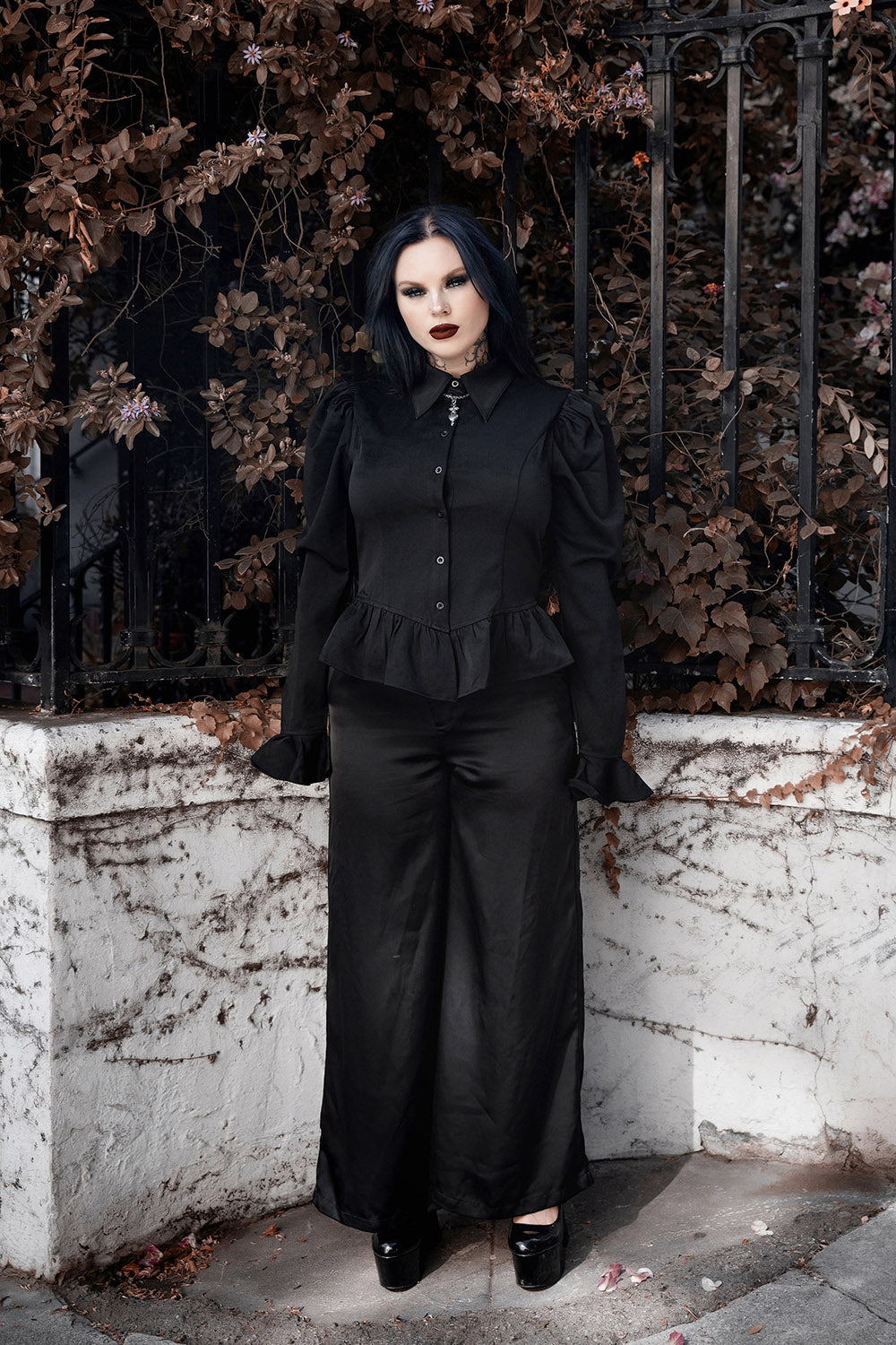 long sleeve puff shoulder gothic blouse with peplum hem