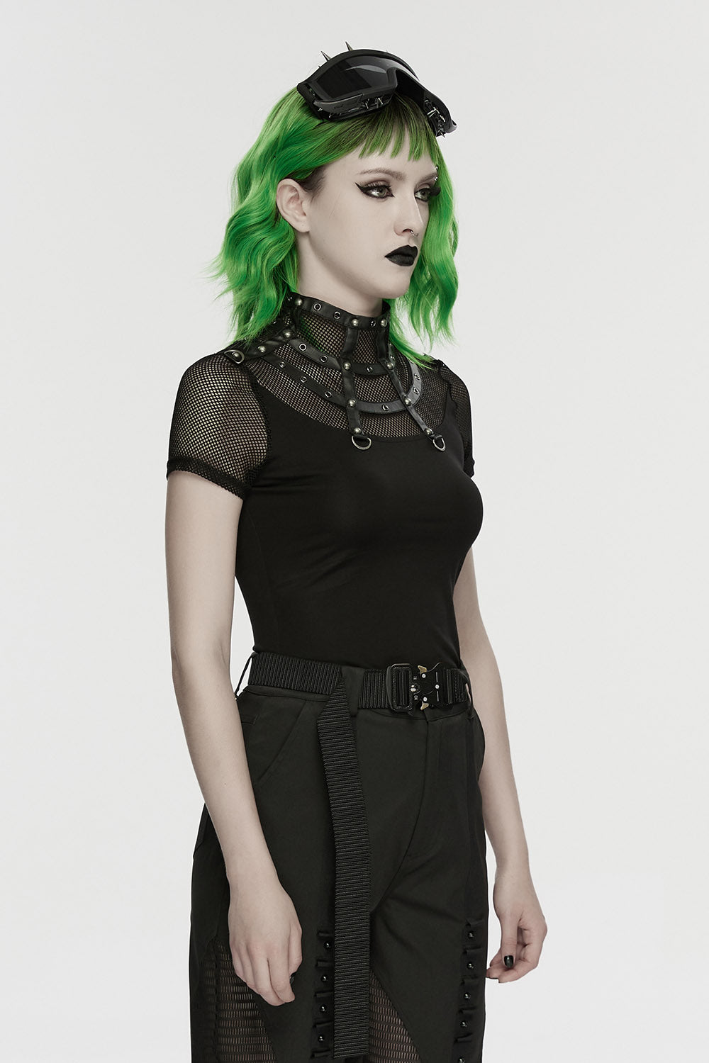 vegan leather and studded black short sleeve fishnet shirt for women