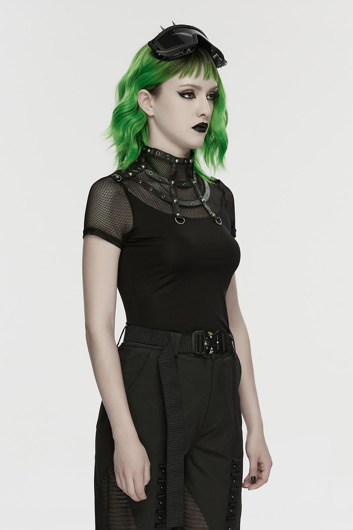 vegan leather and studded black short sleeve fishnet shirt for women