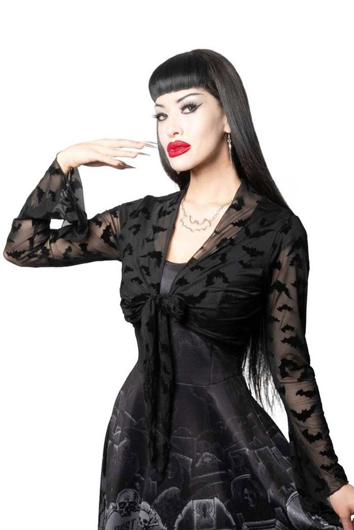 bat pattern black mesh long sleeve bat top