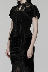 lace-up beaded black velvet chest keyhole cutout top