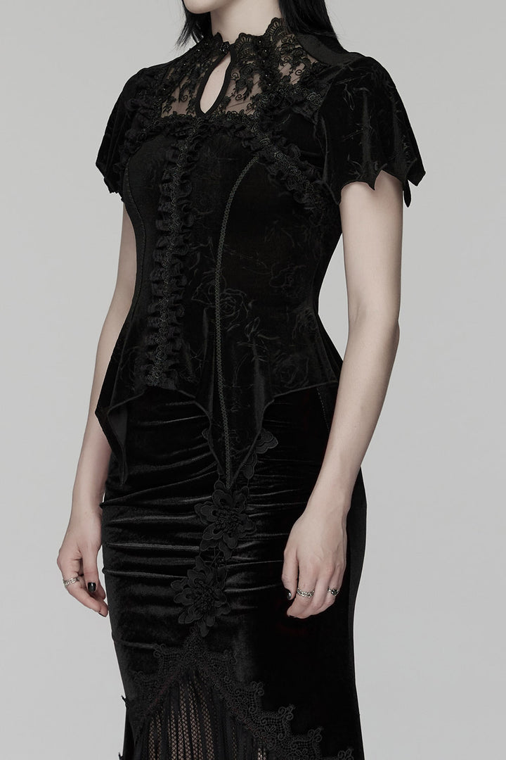 lace-up beaded black velvet chest keyhole cutout top