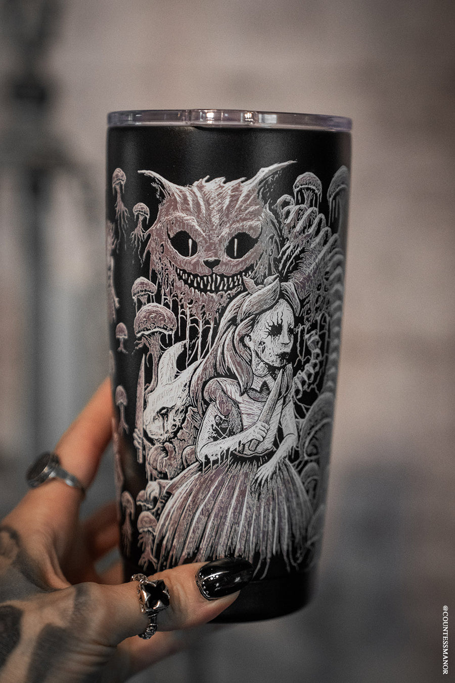 creepy gothic cheshire cat travel mug