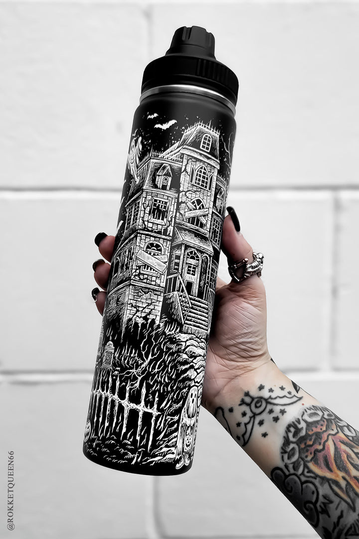 gothic girl holding a stainless steel large horror raven skeleton water bottle 