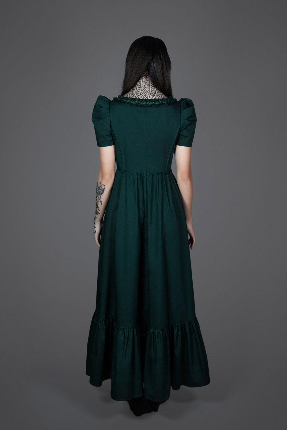 dark green goth witch maxi ruffle dress
