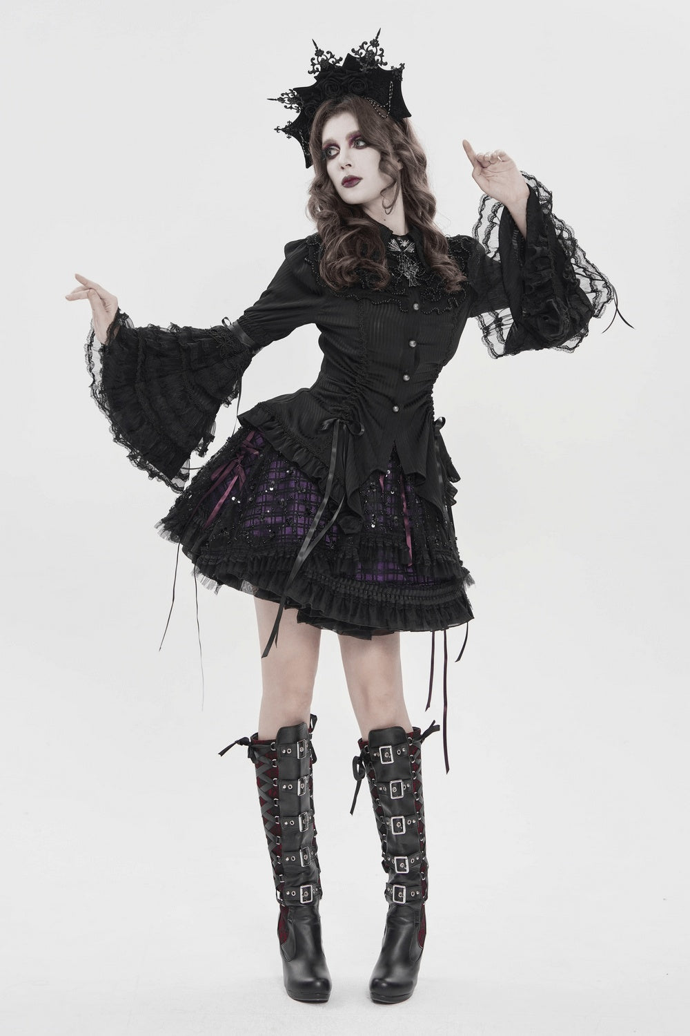 womens ruffled punk purple and black plaid skirt