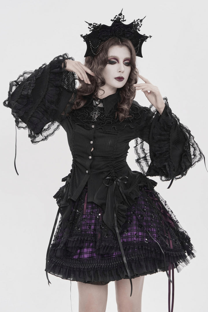 womens ruffled punk purple and black plaid skirt by devil fashion