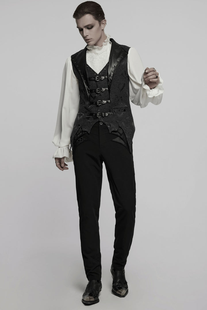 mens eyelet hardware vampire goth black vegan leather damask deep v-neckline vest waistcoat