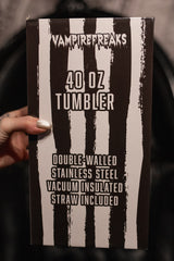 Vampire Freaks tumbler packaging with black and white design