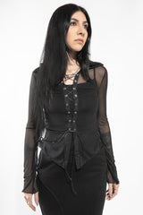 womens sustainable and ethical lace-up gothic flared sleeve mesh shirt