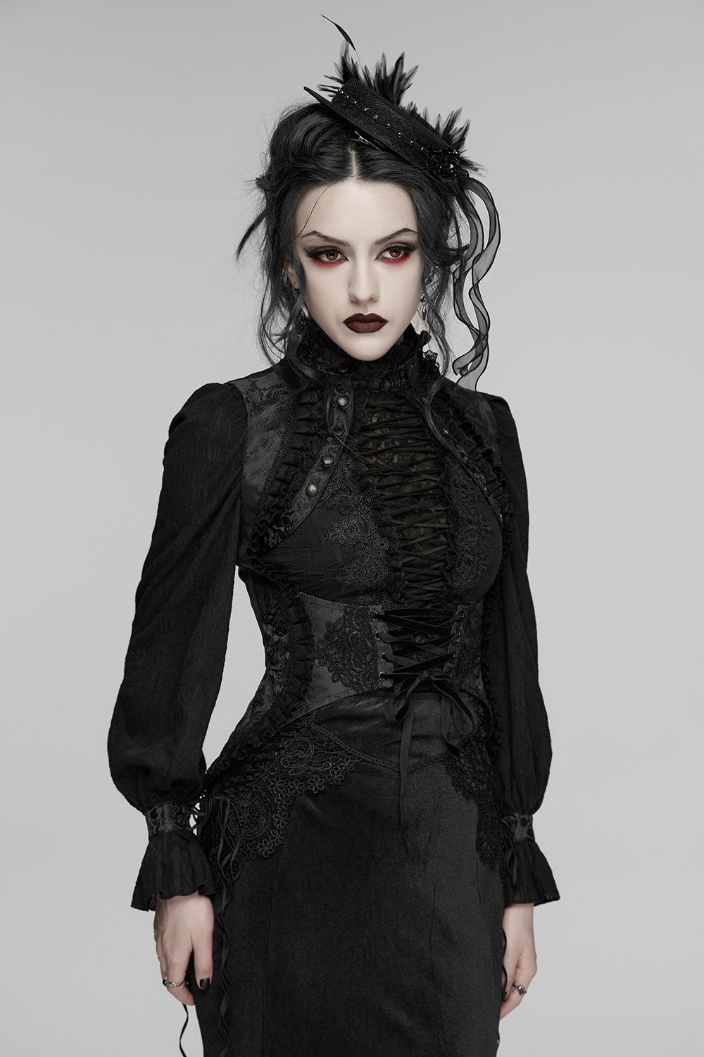 womens black lace vest withy corset lacing 