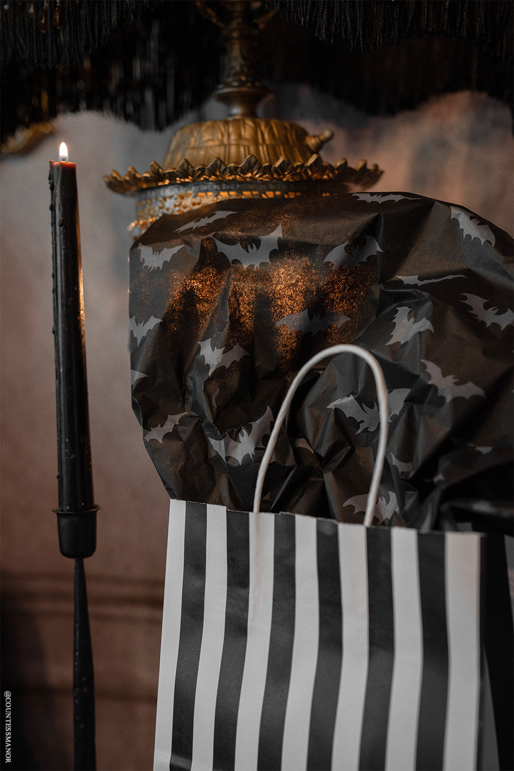 striped gift bag with gothic bat pattern tissue paper