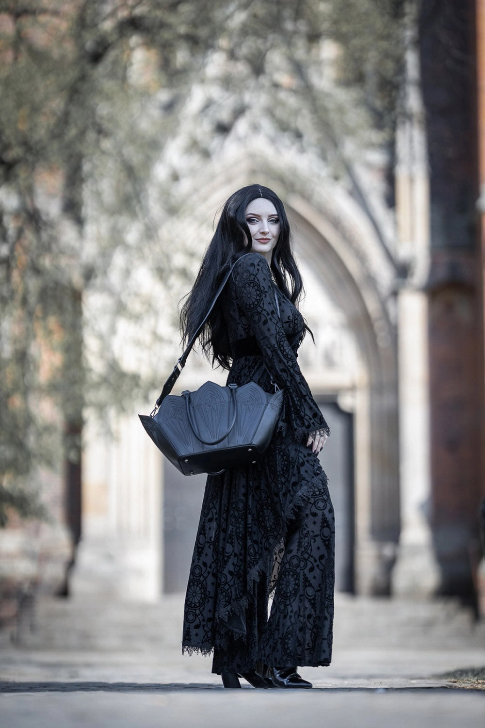 gothic cathedral shoulder bag with detachable shoulder strap and with red interior lining  by restyle 