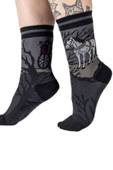 fun graphic crew socks with horse and carriage in black and gray grey