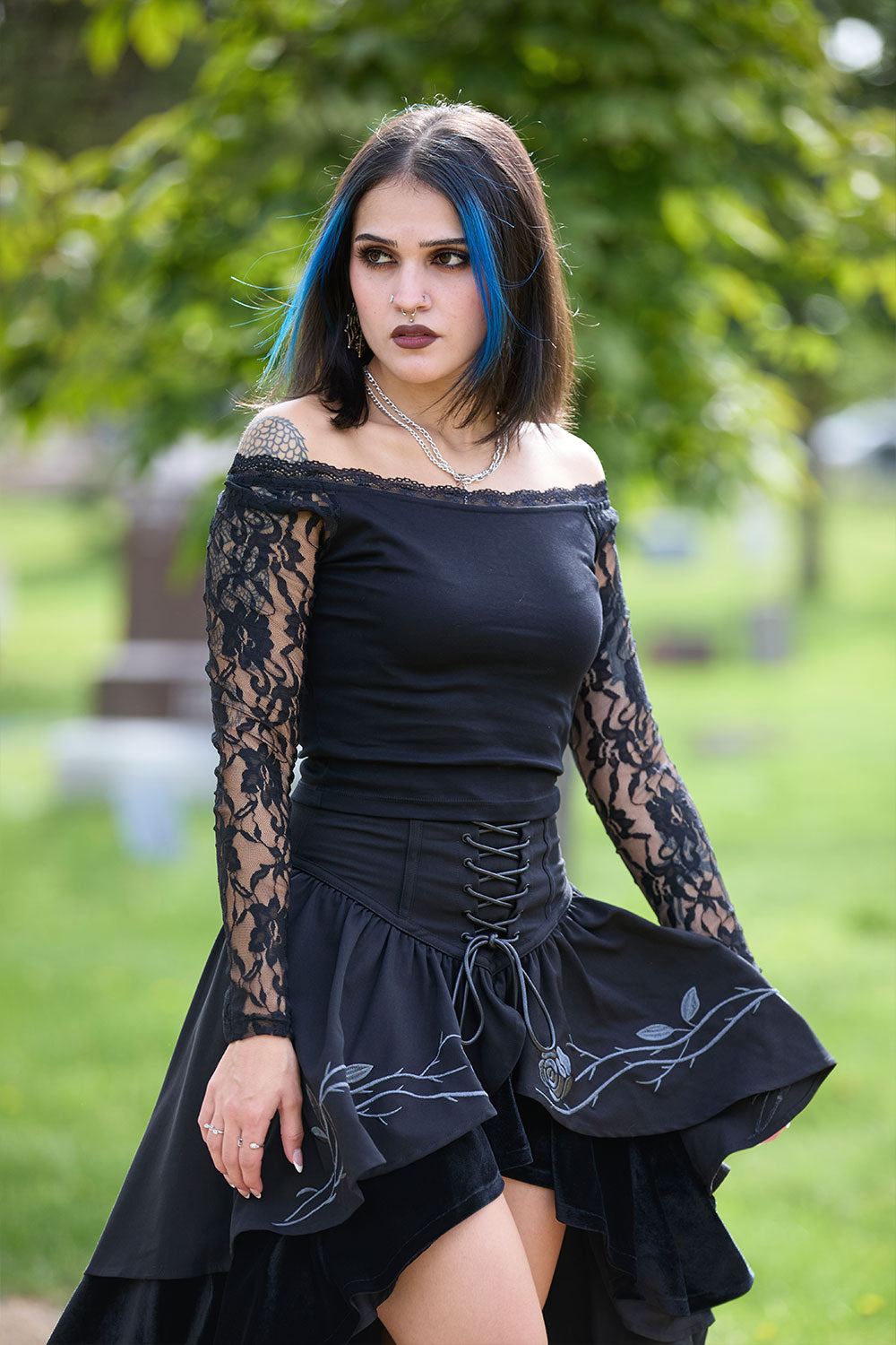 Womens lace sleeve black top with romantic scallop trim
