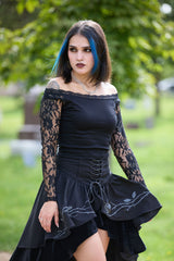 Womens lace sleeve black top with romantic scallop trim