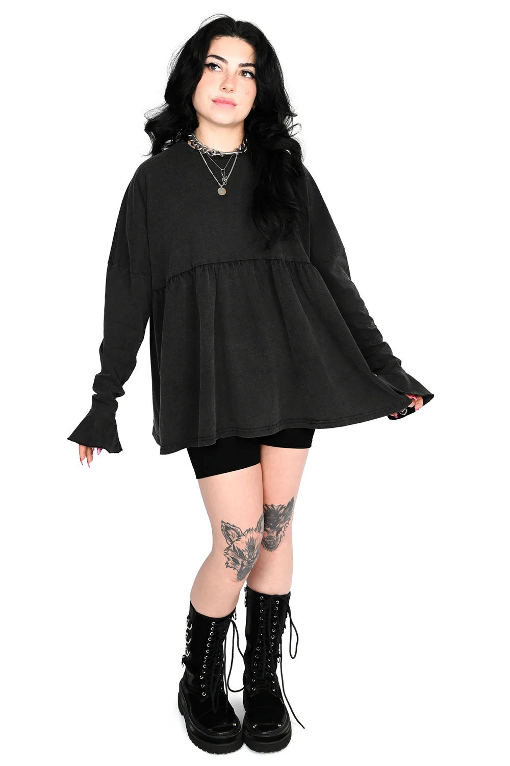 emo punk black top with high waist break and ruffle long sleeves