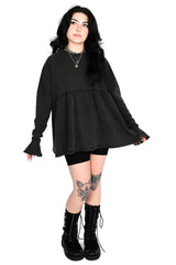 emo punk black top with high waist break and ruffle long sleeves