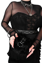 Gothic black mini purse with glossy patent closure strap for punk grunge and dark streetwear outfits