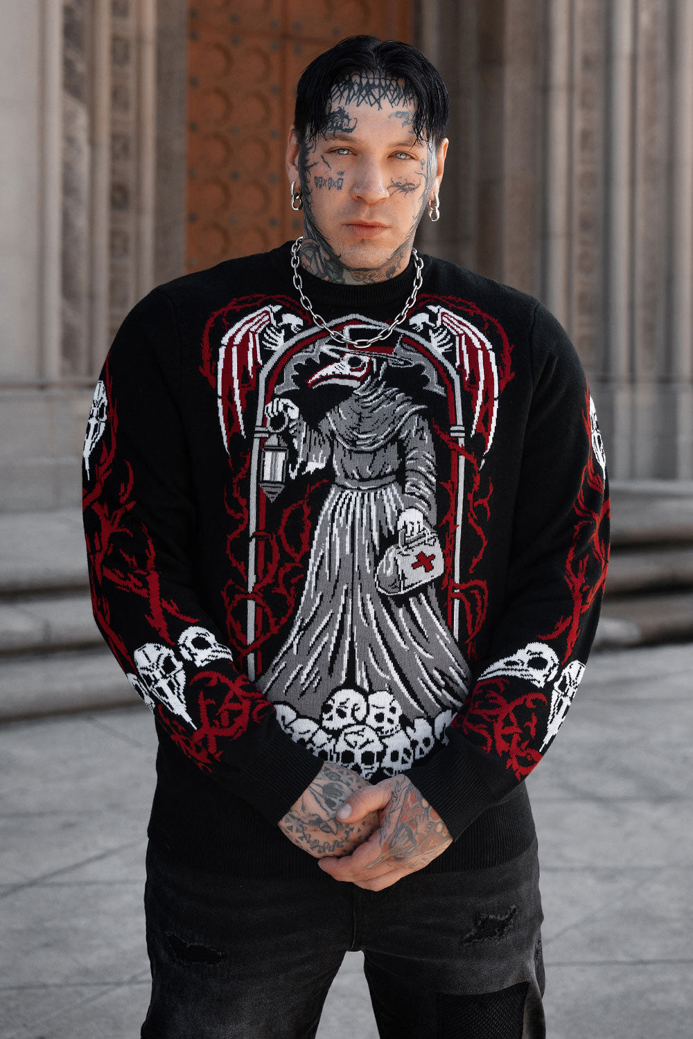 VampireFreaks plague doctor knitted sweater with gothic horror artwork for dark alternative fashion and spooky streetwear