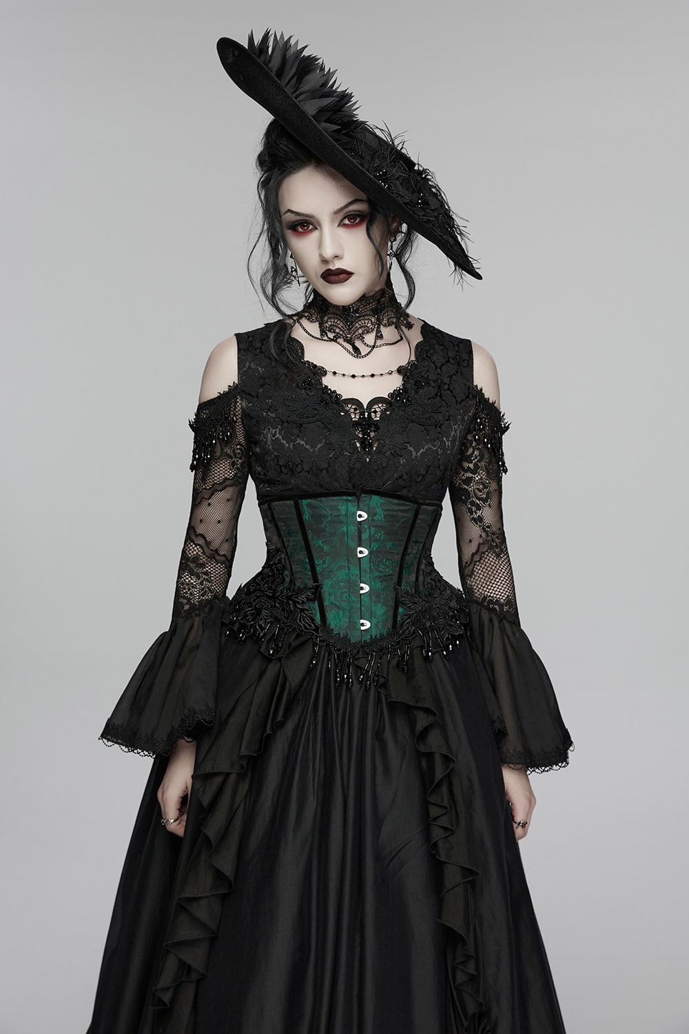 tasseled womens dark green corset