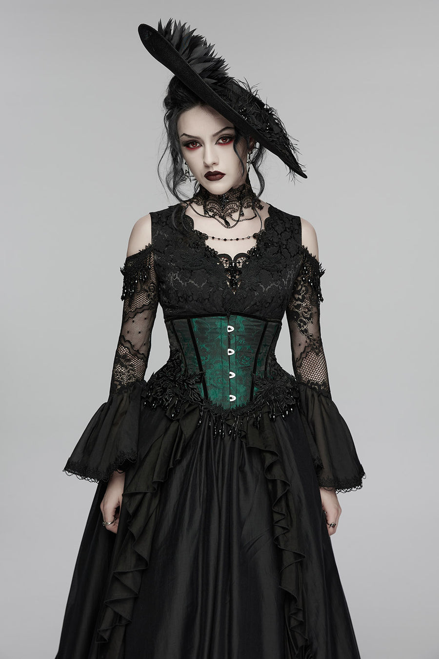 tasseled womens dark green corset