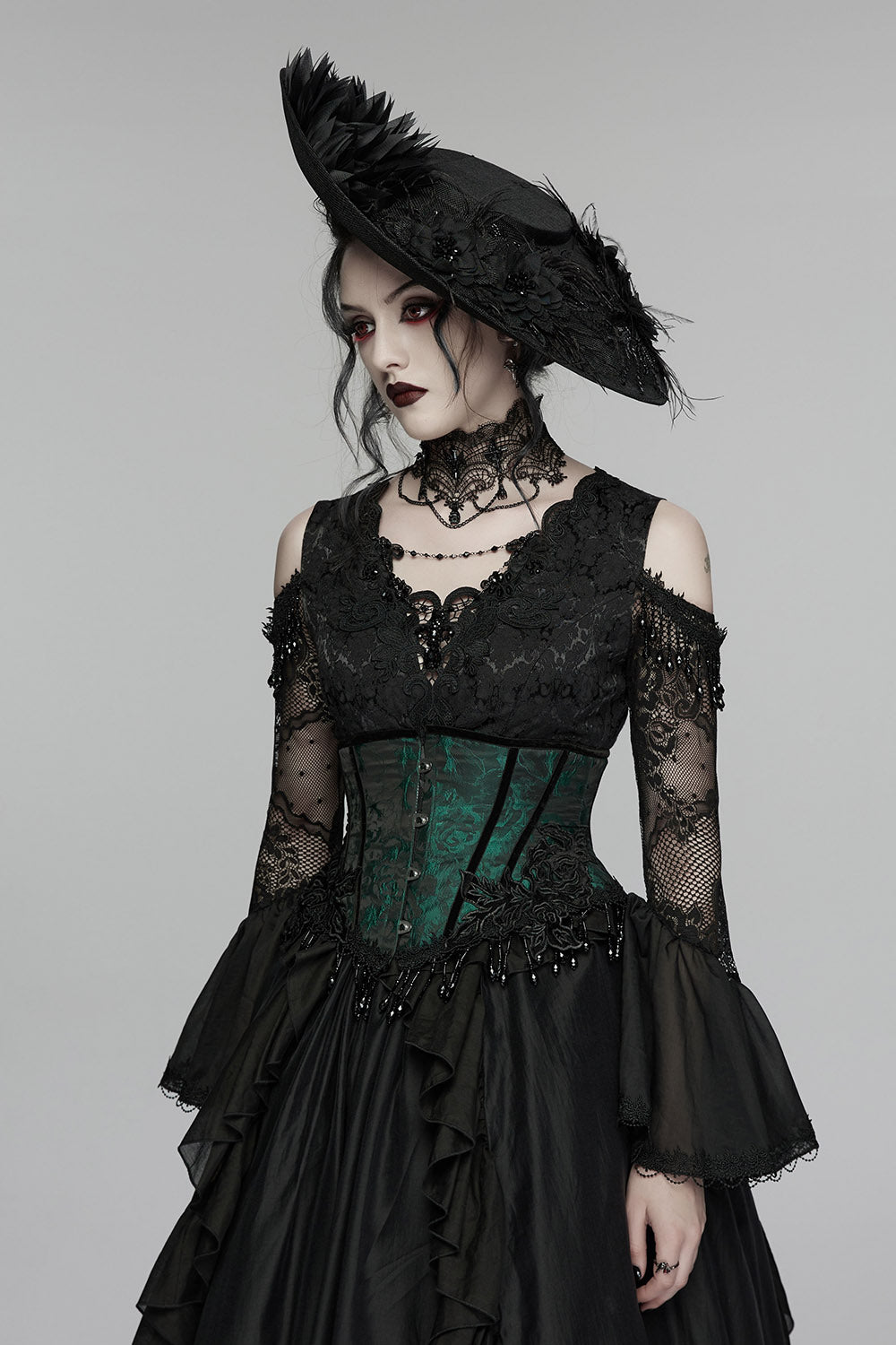tasseled womens dark green victorian corset
