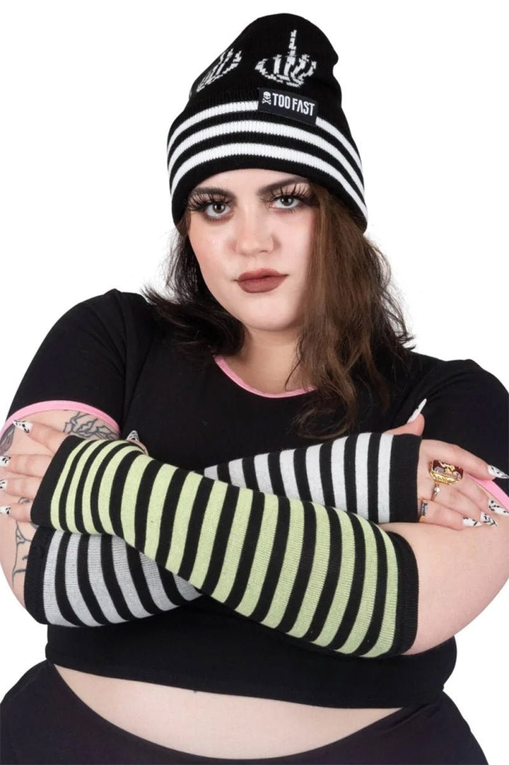 Green & White Striped Knit Arm Warmers - gloves & armwarmers - VampireFreaks - Too Fast