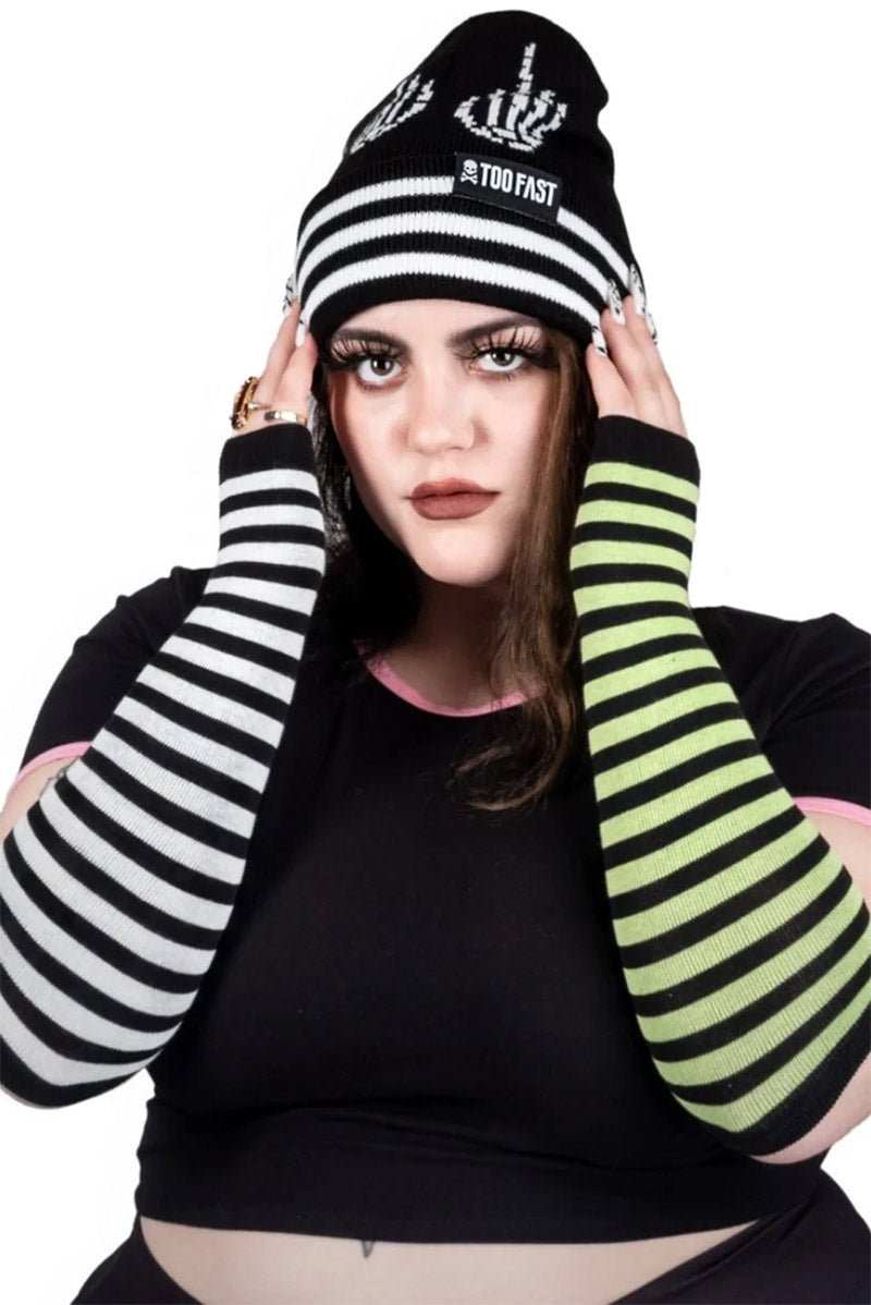 Green & White Striped Knit Arm Warmers - gloves & armwarmers - VampireFreaks - Too Fast