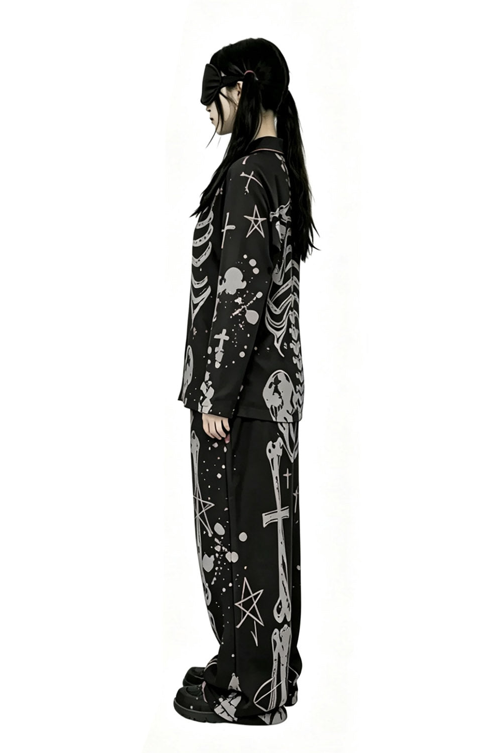 printed skeleton pajama pants and long sleeve button-down top for women 