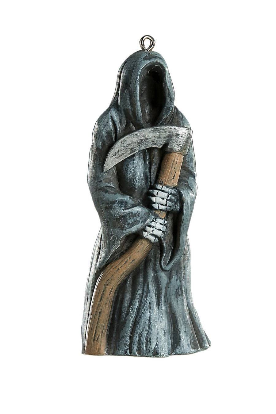 Grim Reaper figurine xmas ornament holding a scythe on a white background