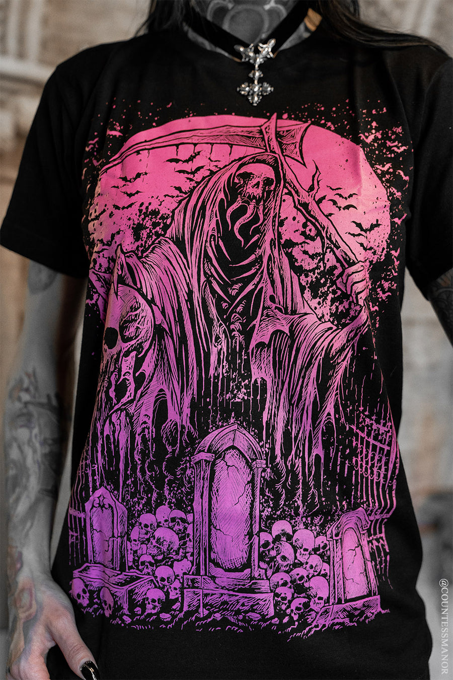 hot pink gothic skeleton grim reaper shirt