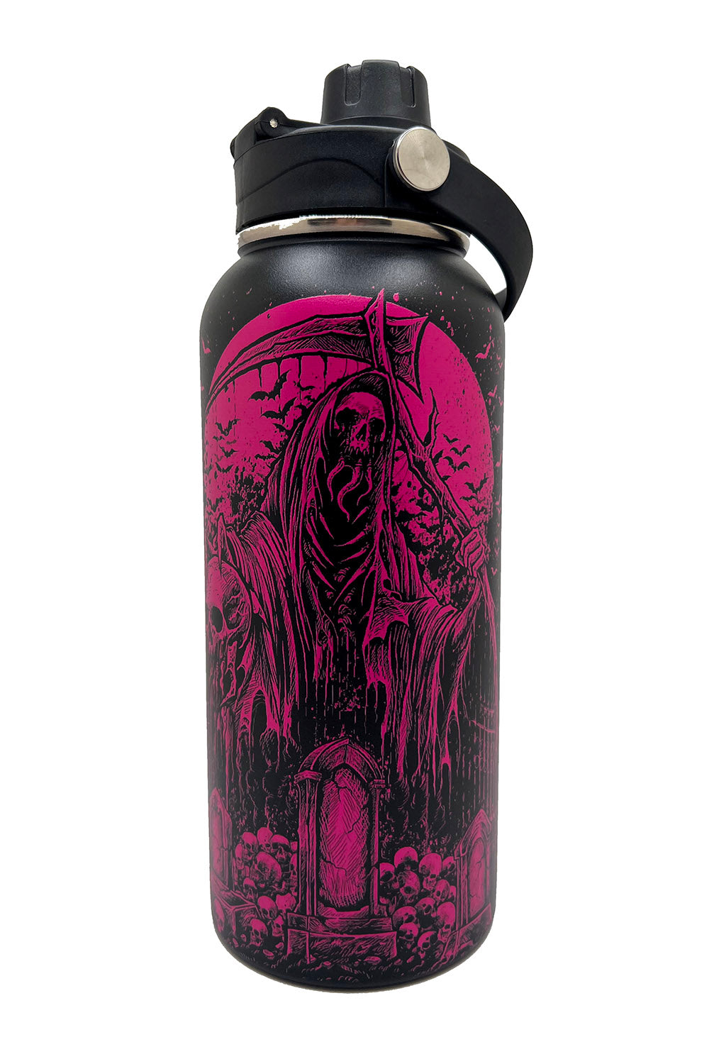 hot pink and black grim reaper water bottle