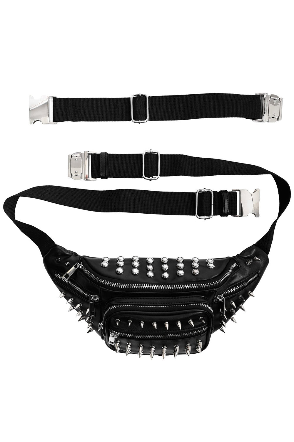 adjustable plus size black vegan leather studded fanny pack bag