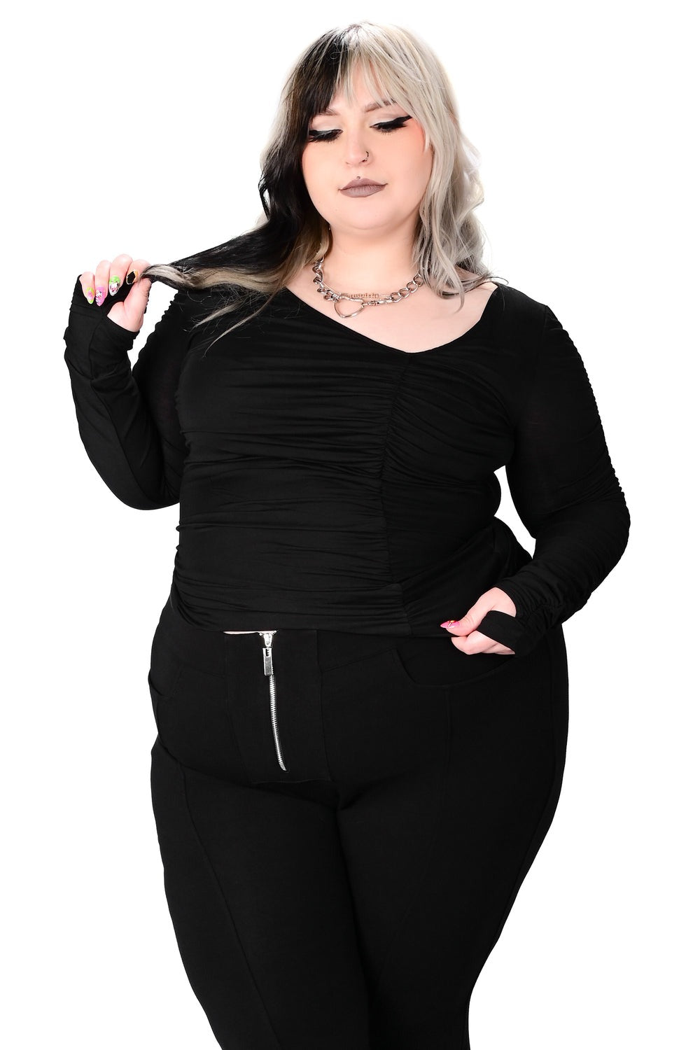 plus size ruched long sleeve thumbhole top